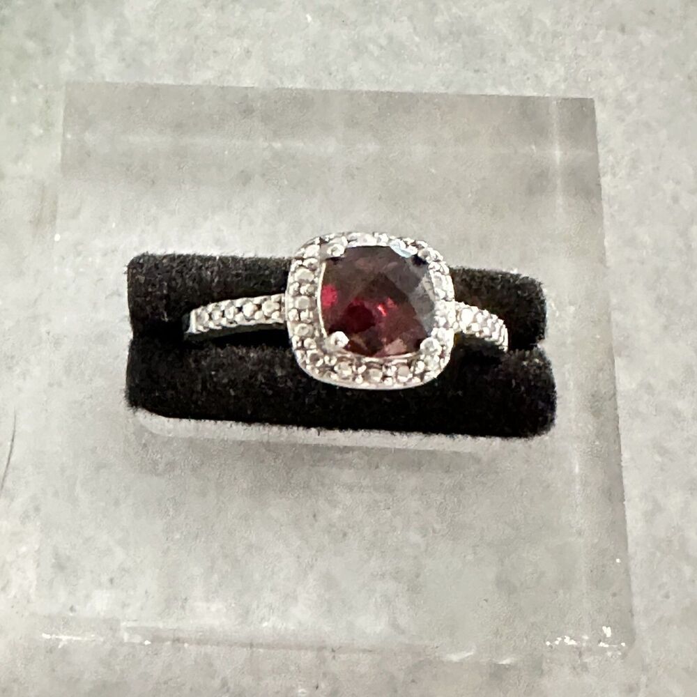 2 Carat Cushion Cut Genuine Garnet & Halo Cz Ring In Silver Size 8 Gift Box!